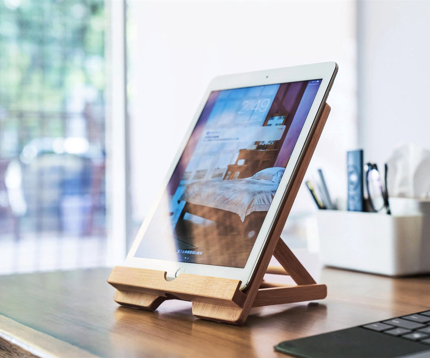 Collect Beauty Bamboo Tablet Stand Holder Adjustable Folding Wood iPad Stand with Chargeable Hole for Desk iPad Cooking Stand