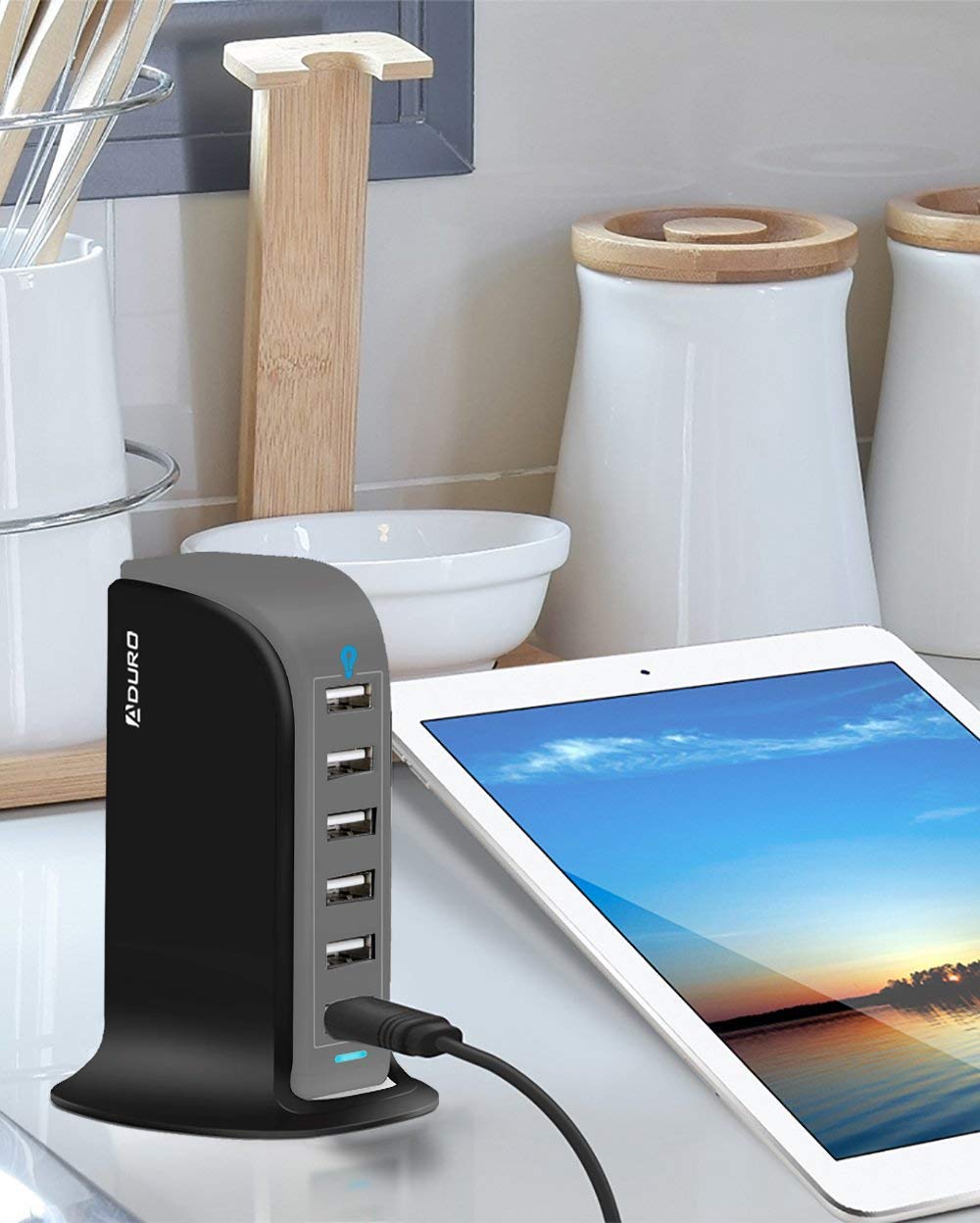 Aduro 40W 6-Port USB Desktop Charging Station Hub Wall Charger for iPhone iPad Tablets Smartphones with Smart Flow (Black/Grey)