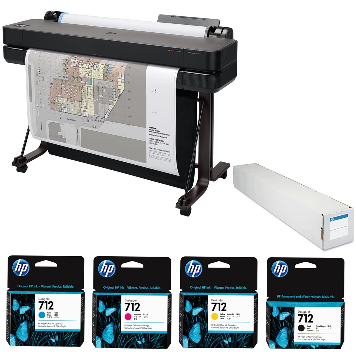 HP DesignJet T630 36" Wireless Large Format Color Thermal Inkjet Plotter Printer, 2025 Edition, Bundle with Color and 38ml Black Ink Pack, Matte Bond