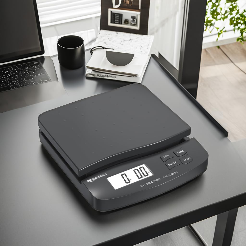 Amazon Basics - Digital Postal Table Top Scale, AC Adapter, Counting Function, 110 Pound Capacity, 0.1 Ounce Readability, Black