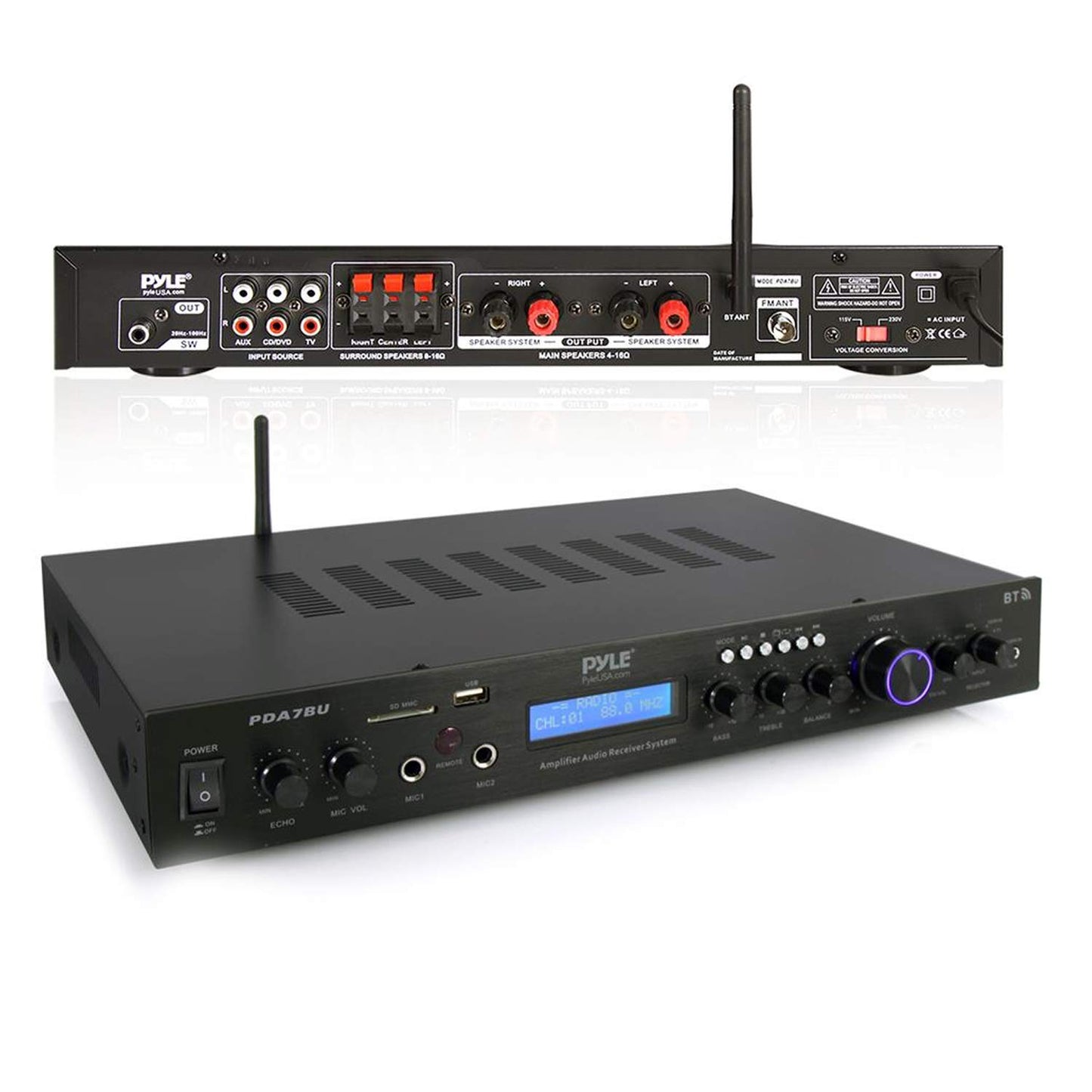 Pyle Bluetooth Home Theater Amplifier - 200 Watts into 5 Channels with Subwoofer Out, Easy Karaoke - Dual Mic, Wireless Streaming, USB/SD with MP3