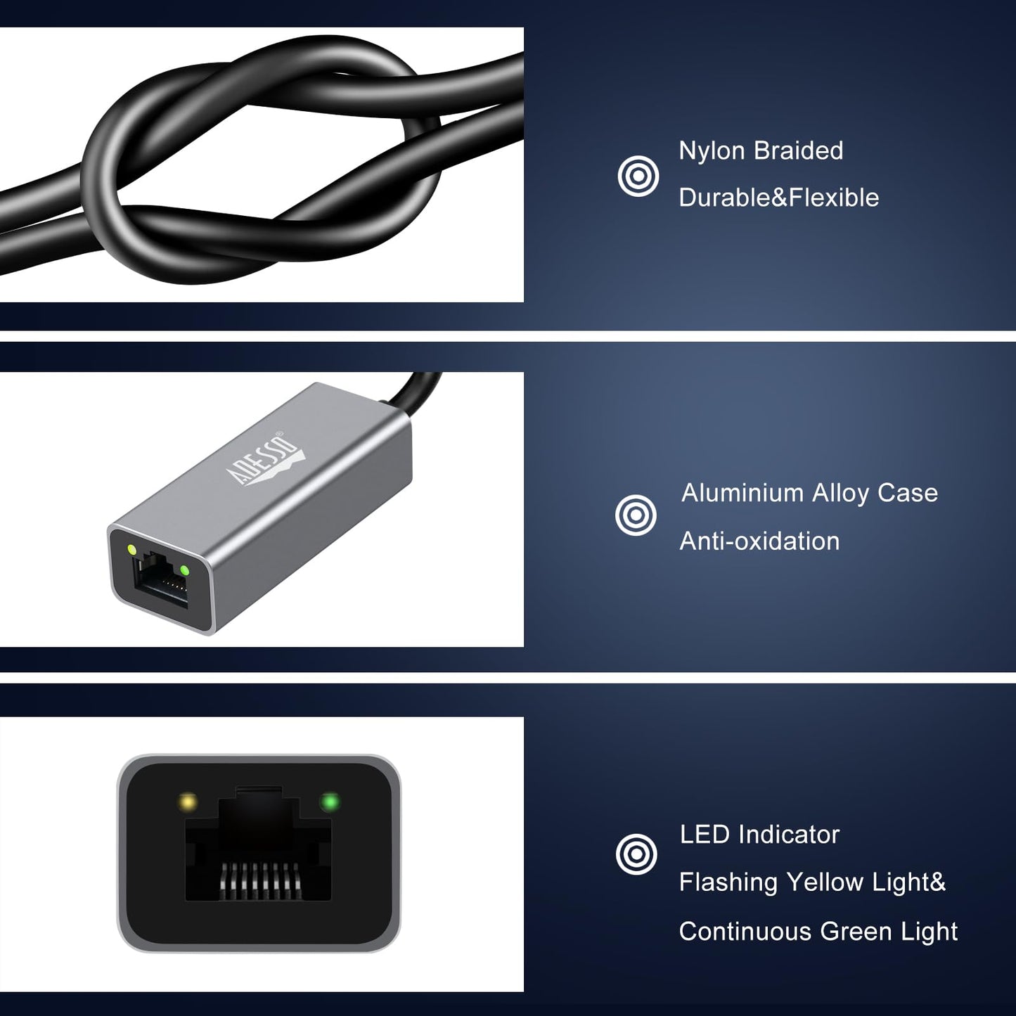 Adesso AUH-5000 USB-C to Ethernet Network Adapter - Gigabit Speed, Aluminum Alloy Case, LED Indicator, Plug & Play, Compatible with Windows, Mac OS