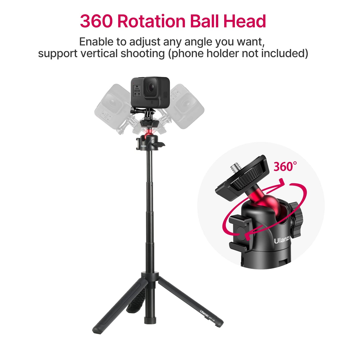 ULANZI MT-16 Extendable Mini Camera Tripod, 4 Levels Adjustment 360° Ball Head Cold Shoe Lightweight Portable Vlog Travel Selfie Stick Handle Grip
