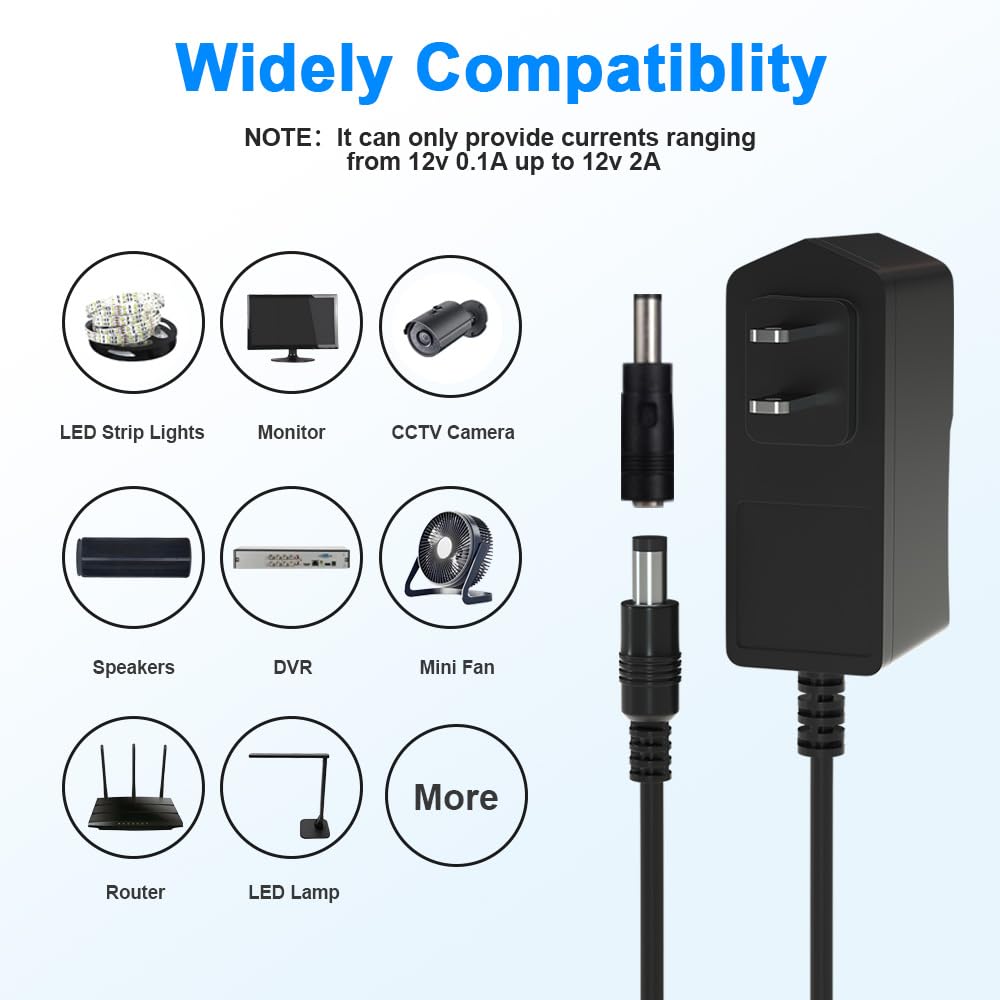 HYGAMOCC 12 V 2A Power Adapter with 8 Tips, 24W AC Adapter Charger Replacement for Router，Speaker,LED Strip Light, Monitor，Charger Power Supply Cord