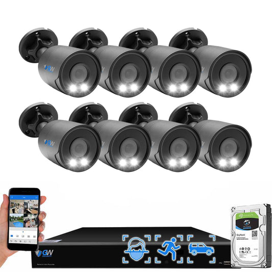 GW Security 4K Outdoor/Indoor AI Smart Functions Security Camera System, 16 Channel 12MP PoE NVR, 8 x 4K IP Color Night Vision Microphone Bullet