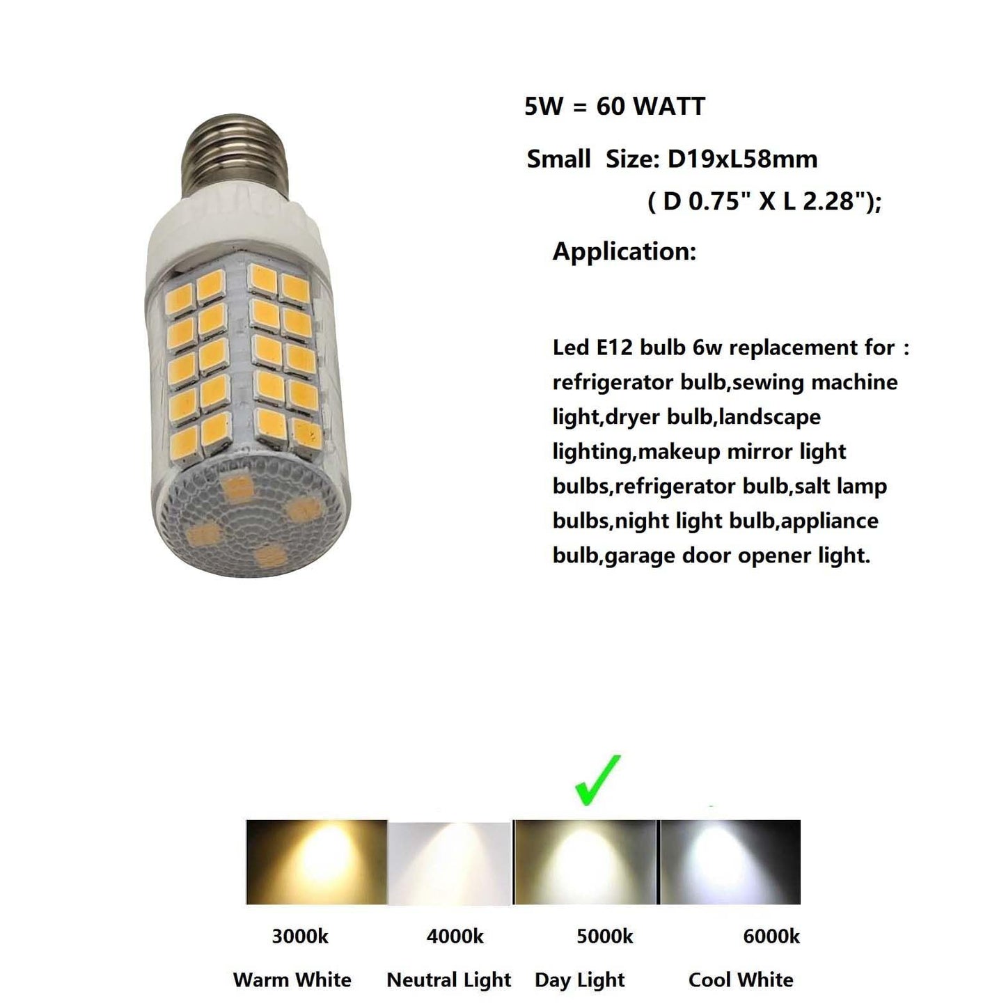 WELESHEI E12 LED Bulb 5W C7 Bulb 60 W Equivalent Halogen Daylight T6 Candelabra Bulb 60 Watt for Ceiling Fan Sewing Serger Light Fridger Microwave