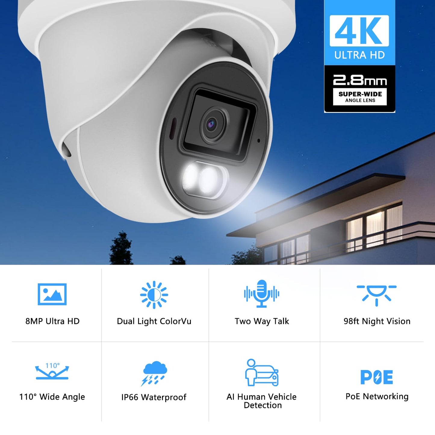 Inwerang 8MP 4K PoE IP Security Dome Camera Outdoor, Full Color Turret IP Camera with Smart Dual Light, Two Way Talk, SD Card Slot, 98ft Night Vision