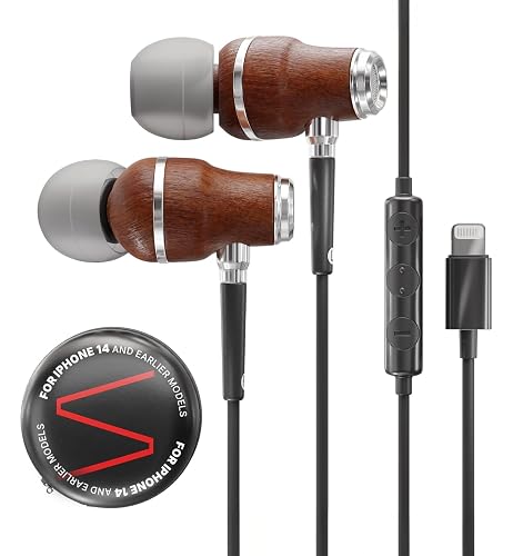 Symphonized iPhone Earphones Wired Deep Bass Sound, 3D Sound, Microphone Volume Control, Noise Isolation, Bubinga Wooden with Lightning (Apple MFI