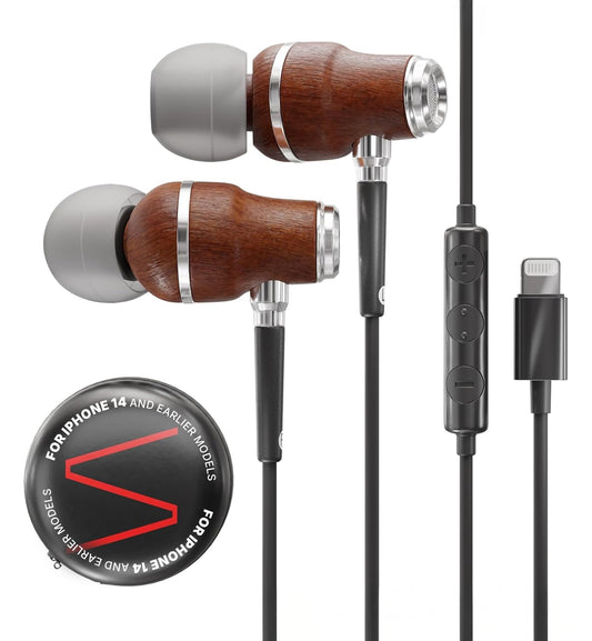 Symphonized iPhone Earphones Wired Deep Bass Sound, 3D Sound, Microphone Volume Control, Noise Isolation, Bubinga Wooden with Lightning (Apple MFI