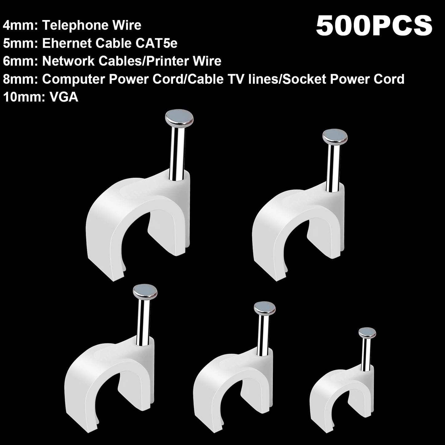 500pcs Cable Clips with Steel Nail in Cable Clips White 4mm 5mm 6mm 8mm 10mm Cable Wire Clips Cable Wall Clip Wire Staples Cord Clips for Wall Coaxial