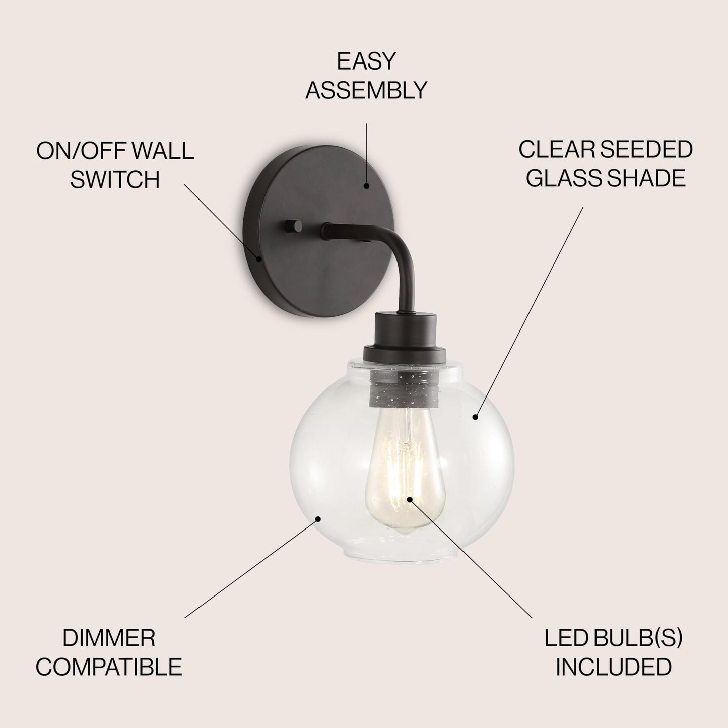 JONATHAN Y 6.5" Oil Rubbed Bronze 1-Light Farmhouse LED Vanity Light Wall Sconce for Bathroom, Clear Seeded Glass Shade, Industrial Iron Indoor