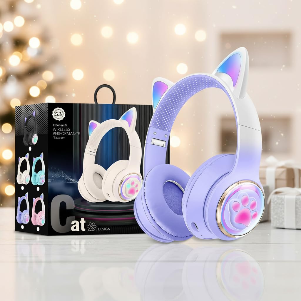 Cat Ear Bluetooth Kids Headphones, LED Lights, Safe Volume, Foldable