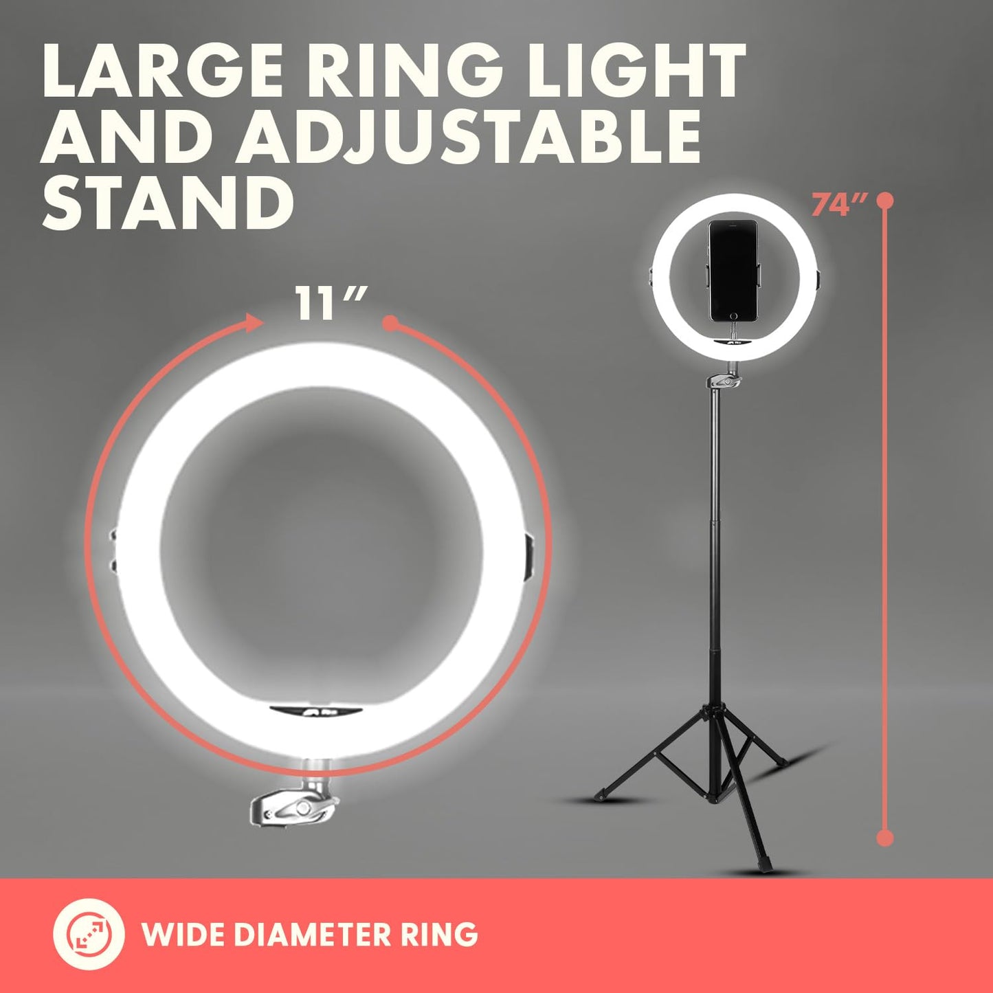 Squatz 11" Selfie Ring Light with 61" Tripod Stand, LED Ring Light with Phone Holder, Wired Control USB, 10 Brightness Levels, 3 Color Modes