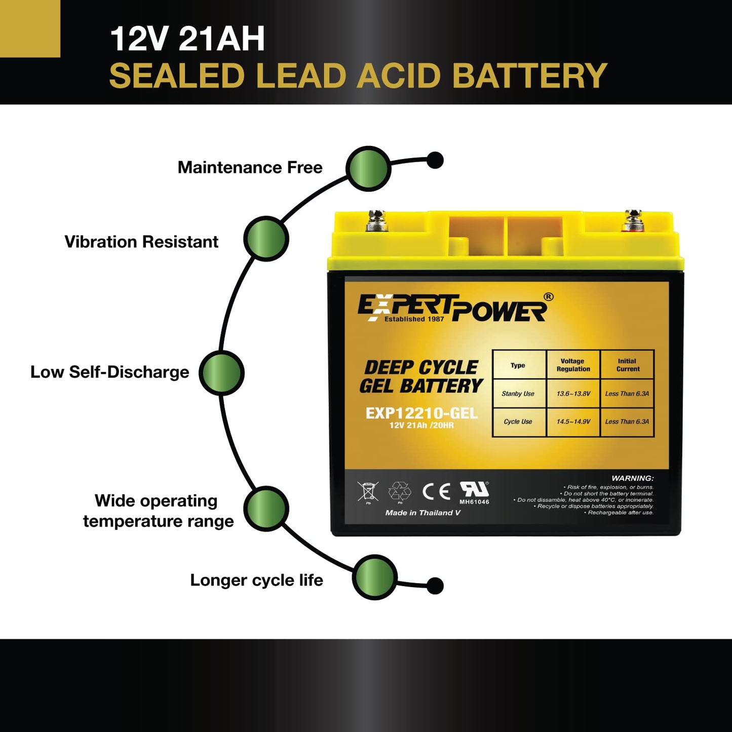ExpertPower 12V 21Ah Gel Deep Cycle Solar Battery, Sealed Gel Technology for Marine, Mobility Applications