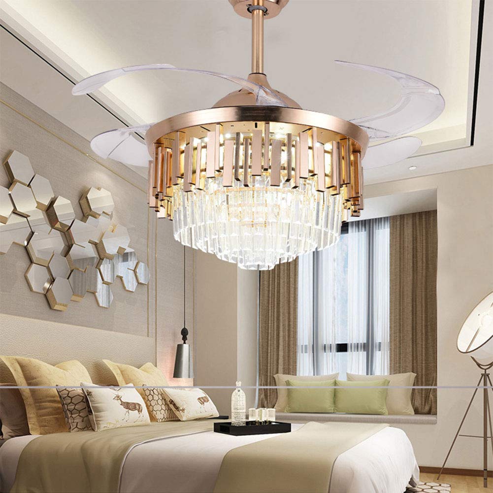 42" Luxury Crystal Ceiling Fan with Lights Retractable Blade Ceiling Fan with Remote Control Modern Fandelier Ceiling Fan Chandelier with Lighting
