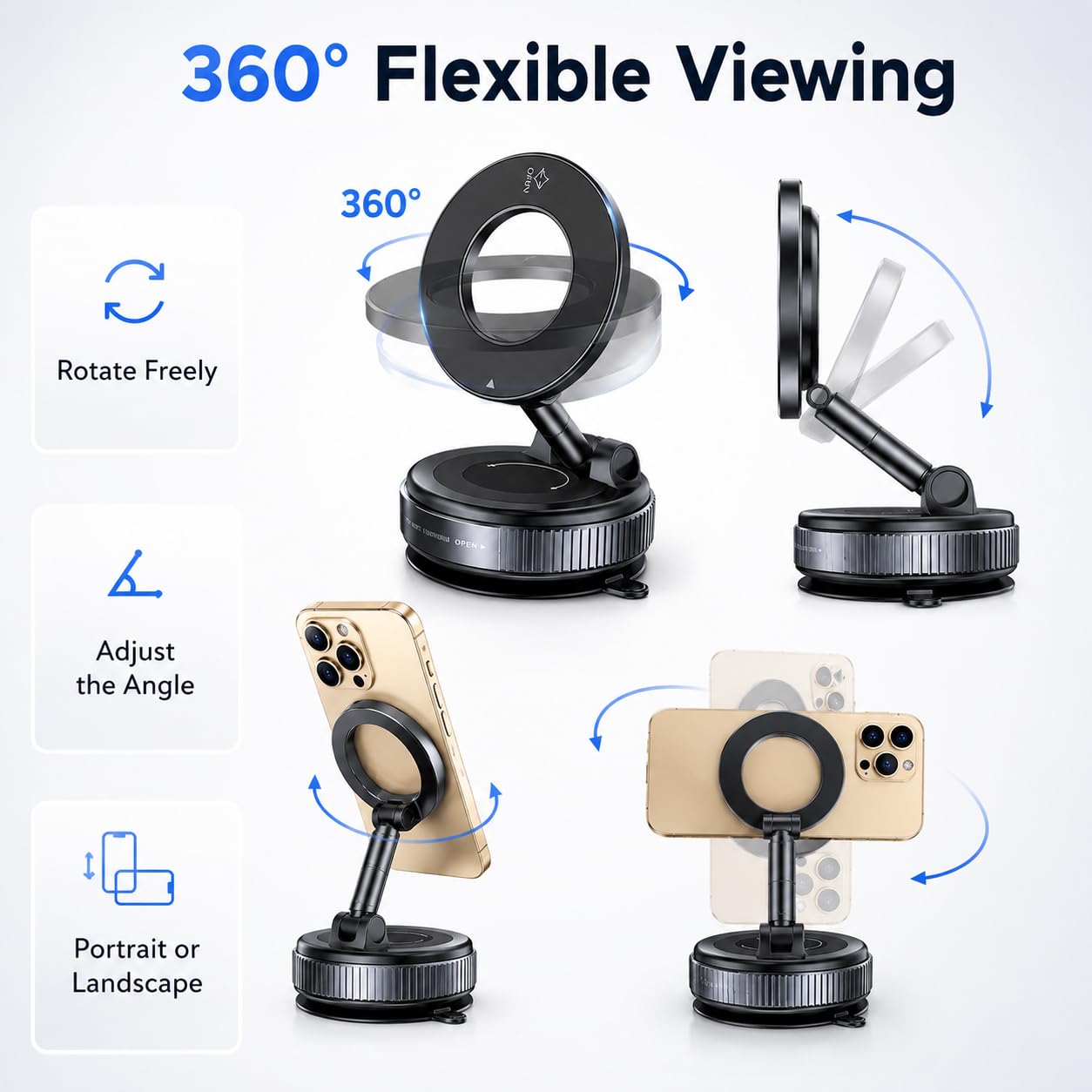 Vacuum Magnetic Car Phone Mount, 24 N52 Strong Magnets Car Phone Holder for MagSafe, 2-in-1 Suction Cup & Adhesive Pad Phone Holder for Car Dashboard