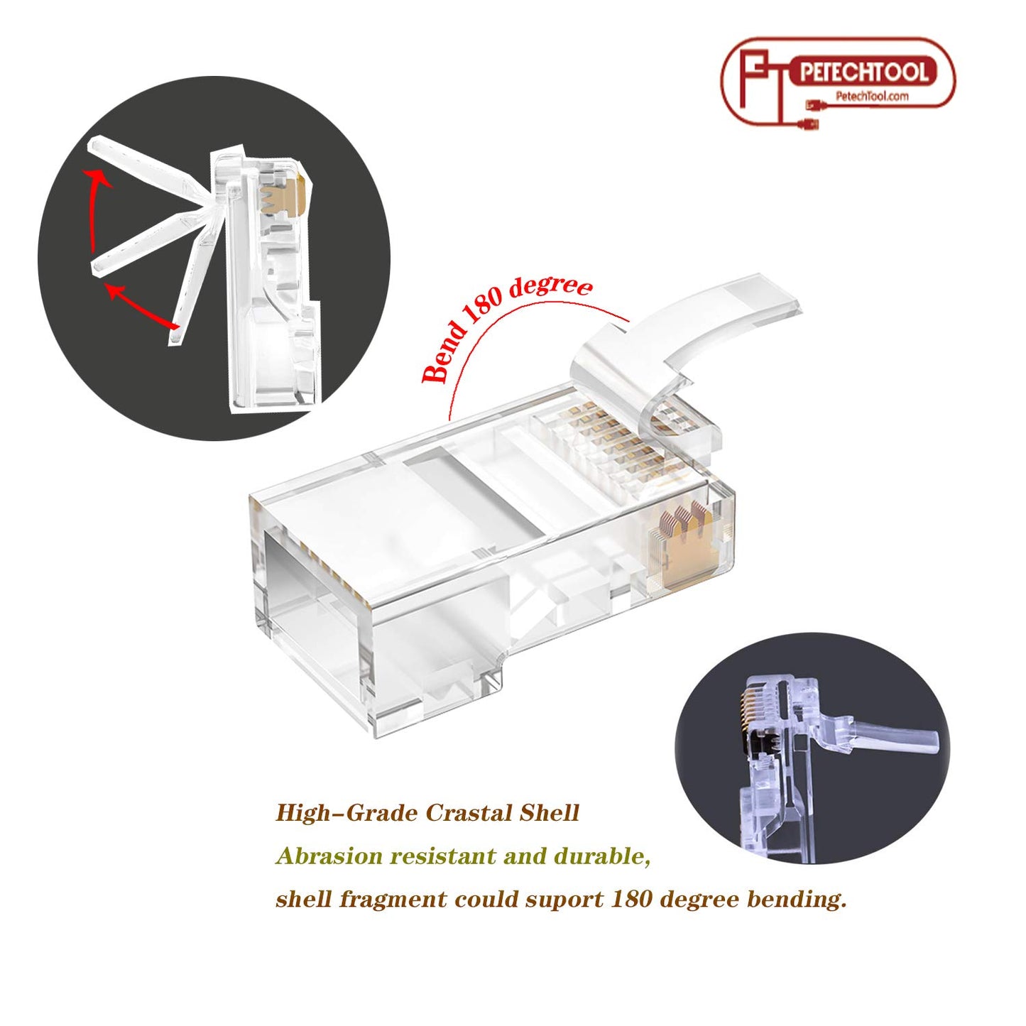 PETECHTOOL RJ45 Cat5 Cat6 Pass Through Connectors 8P8C Ehternet Modular End Plug (50 Pieces)