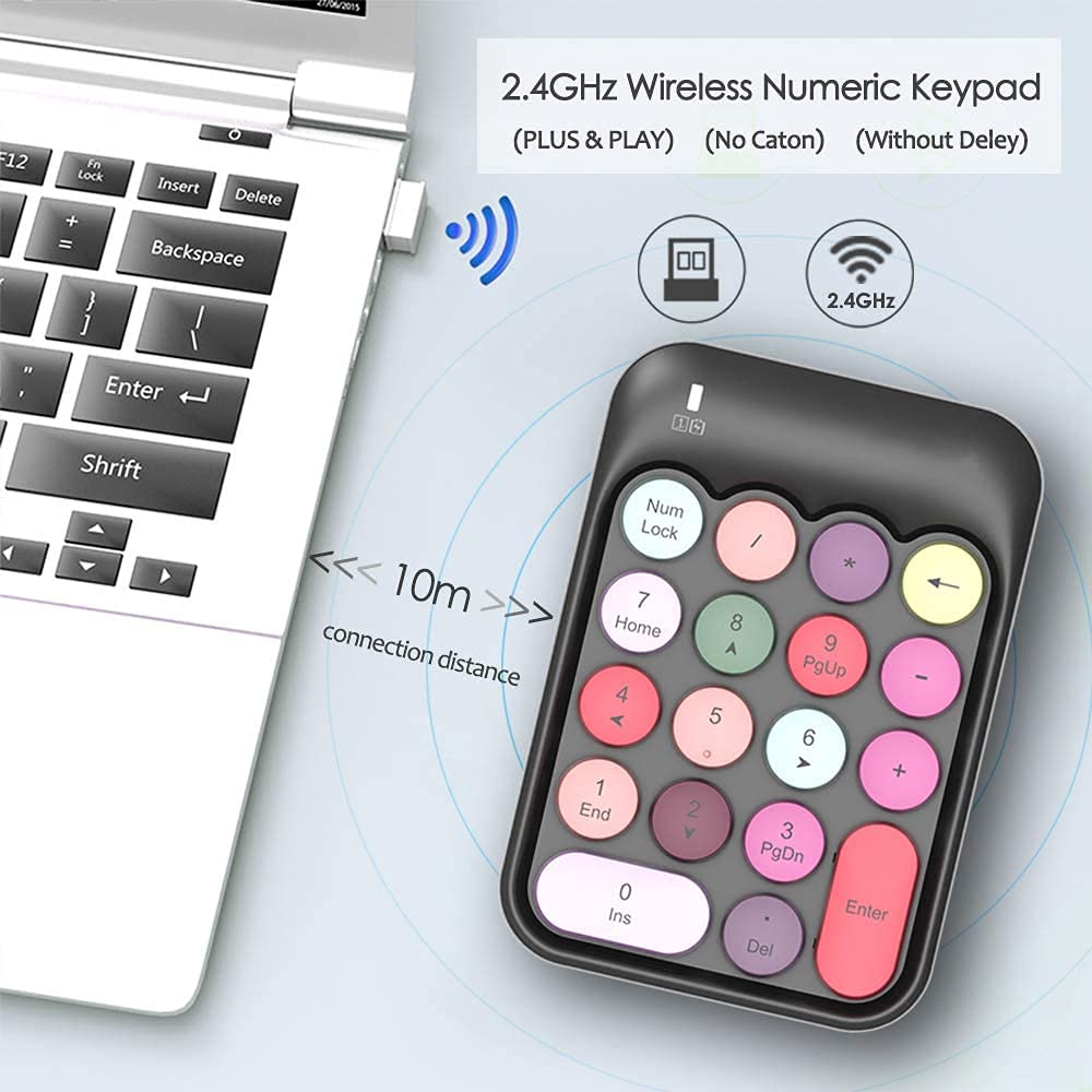 FELICON Wireless Numeric Keypad 18 Keys with 2.4G Mini Portable Silent Number Pad USB Receiver Financial Accounting Keyboard Extensions for Laptop