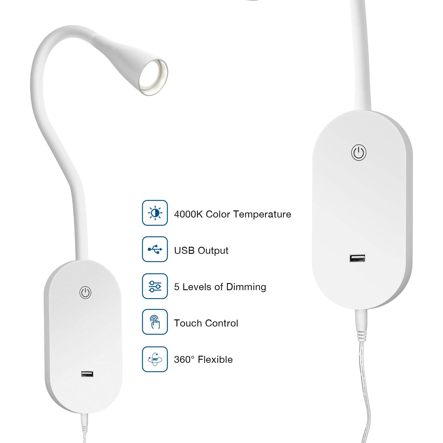 TOPMB Wall Mount Reading Light, Focused Book Light for Reading in Bed, 5 Dimming, USB Output, 4 Hours Auto Off, Touch Control, Flexible Gooseneck