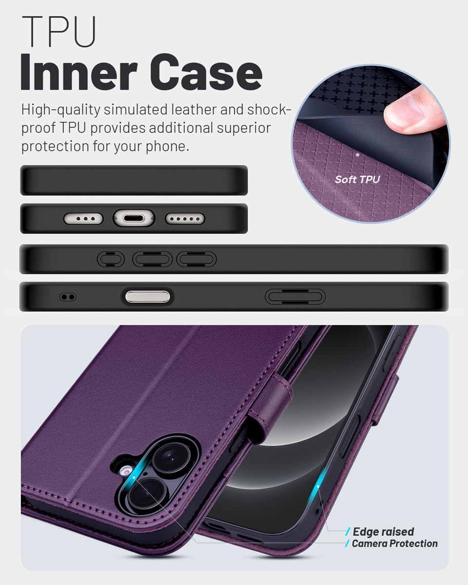 OCASE Compatible with iPhone 16 Wallet Case, PU Leather Flip Folio Case with Card Holders RFID Blocking Kickstand [Shockproof TPU Inner Shell] Phone