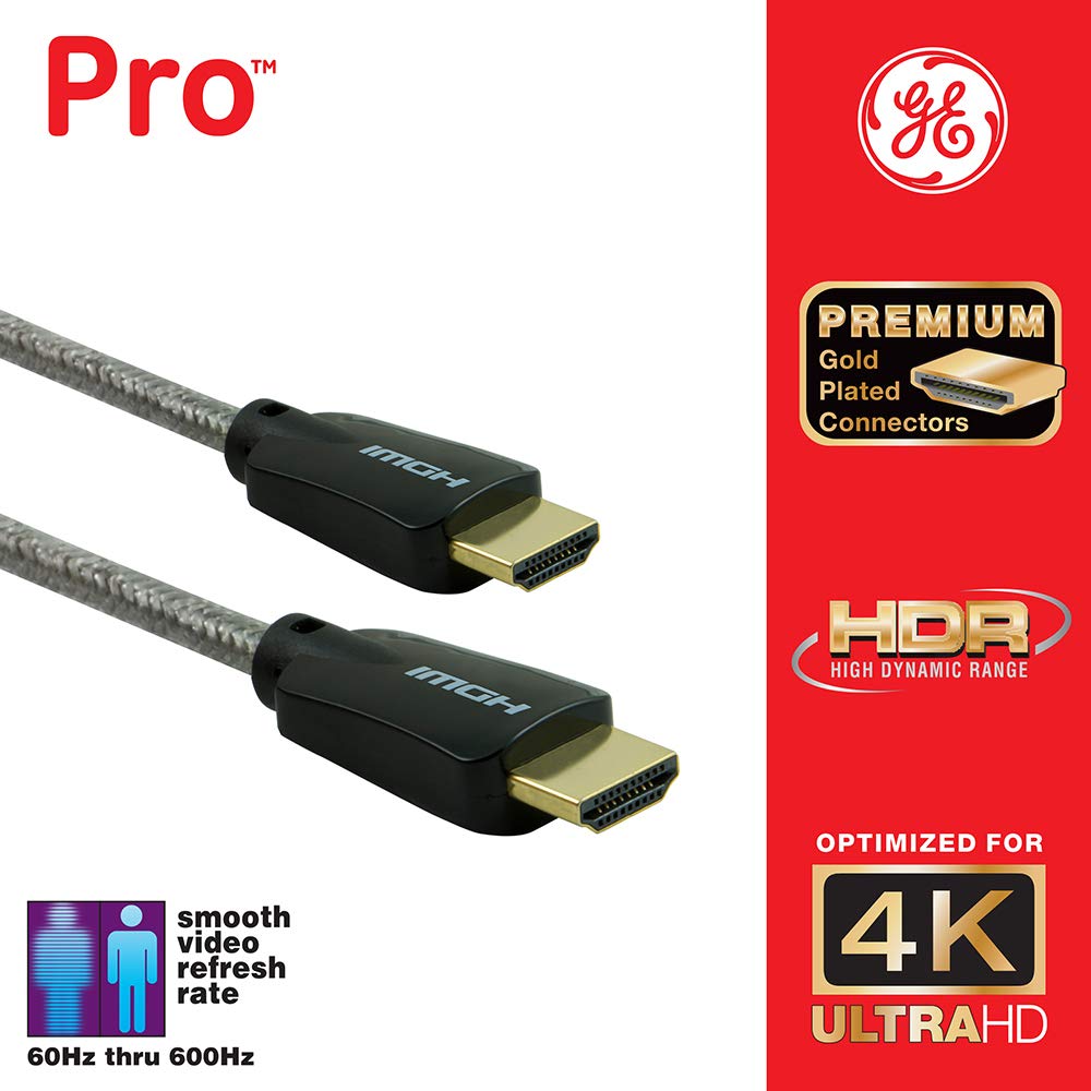 GE 4K HDMI Cable, 6 ft. 2 Pack, HDMI 2.0 High Speed 18 Gbps with Ethernet, 4K 60Hz, 1440p 1080p 120Hz, HDR, for HDTV, Streaming, Blu-ray, Gaming, PS4