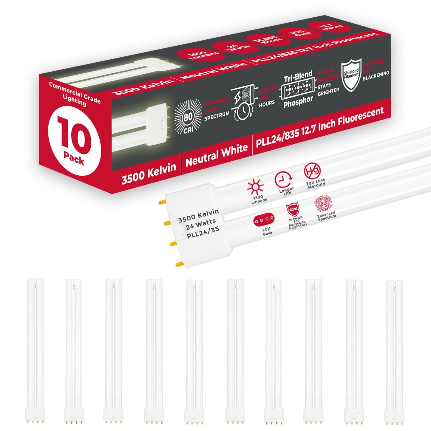 GoodBulb PLL24/835 | 24W 12.7" Twin Tube Compact Fluorescent Light Bulb | 4-pin 2G11 Base 3500K Neutral White 1500 Lumen | 36000 Hour Long Life Biax |