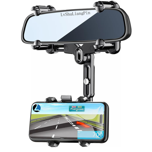 LvShuLiangPin Rearview Mirror Phone Holder for Car, 360° Rotating Rear View Mount with Adjustable Arm Length, Upgraded Four Corners Fixed Anti-Shake