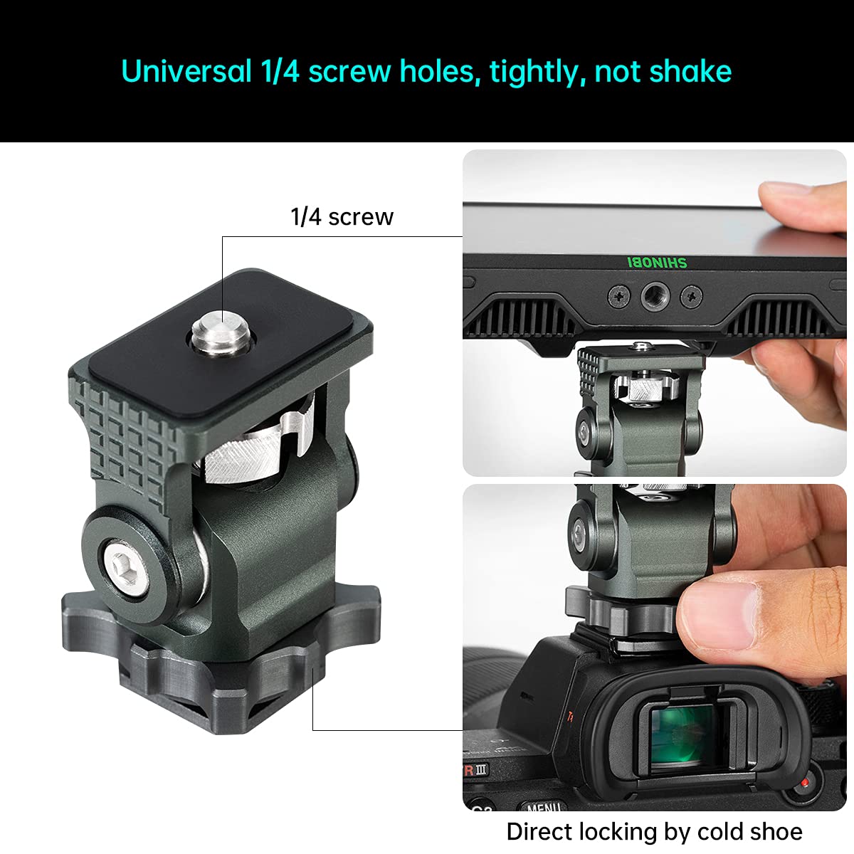 Camera Monitor Mount with Cold Shoe 1/4 Screw for 5" & 7" Monitor, 360°Swivel and 176° Tilt Field Mount Holder for LED Lights, Flash, Microphone