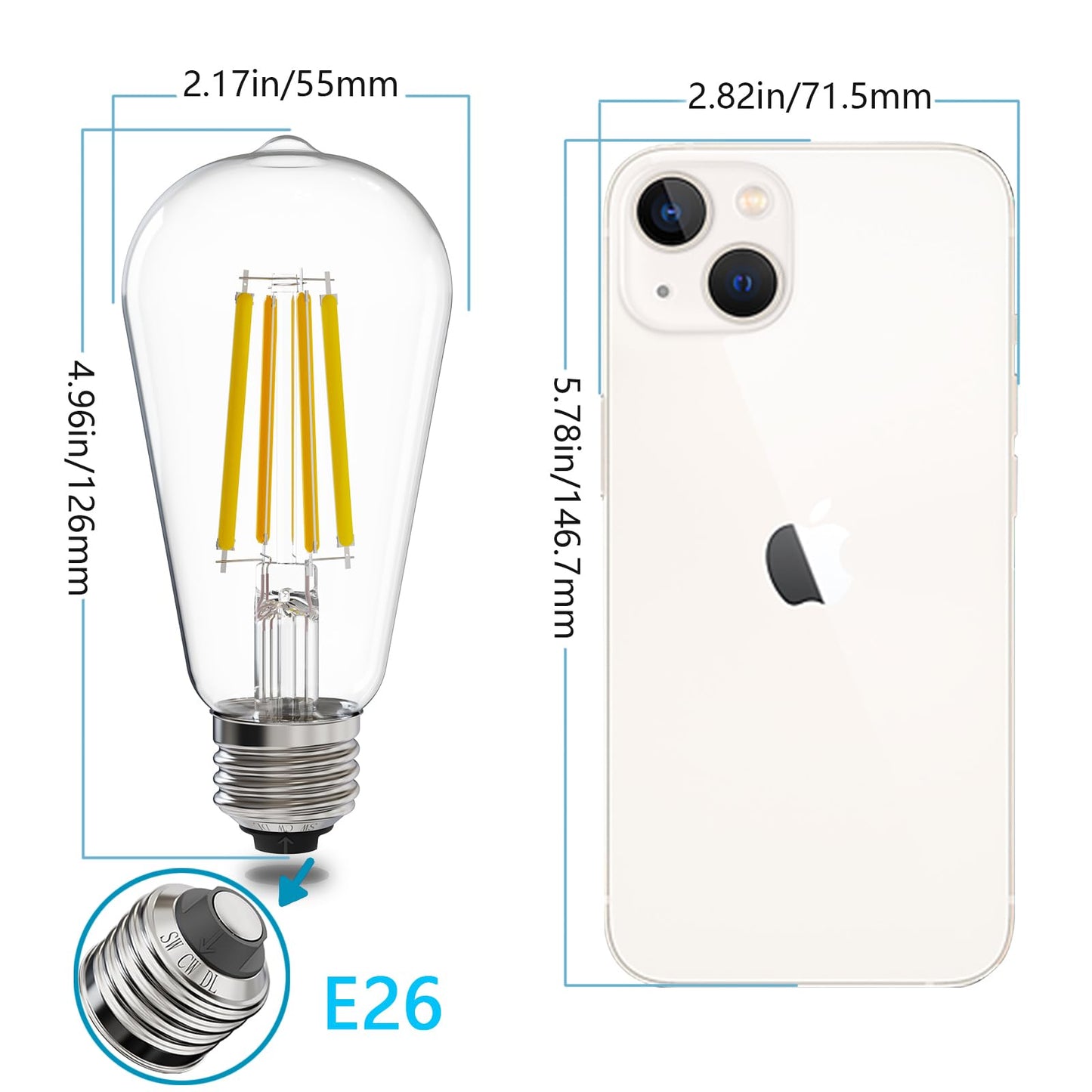 E ENERGETIC LIGHTING ST58/ST18, LED Filament Light Bulbs, 3CCT, 2700K/4000K/5000K,High Brightness, 7W, 60 W Equivalent,Classic Clear Glass, E26, 4