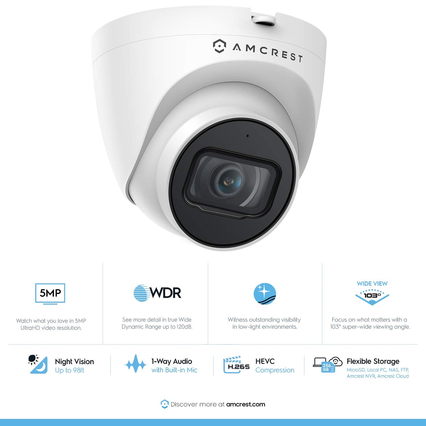 Amcrest 5MP UltraHD Outdoor Security IP Turret PoE Camera with Mic/Audio, 5-Megapixel, 98ft NightVision, 2.8mm Lens, IP67 Weatherproof, Certified