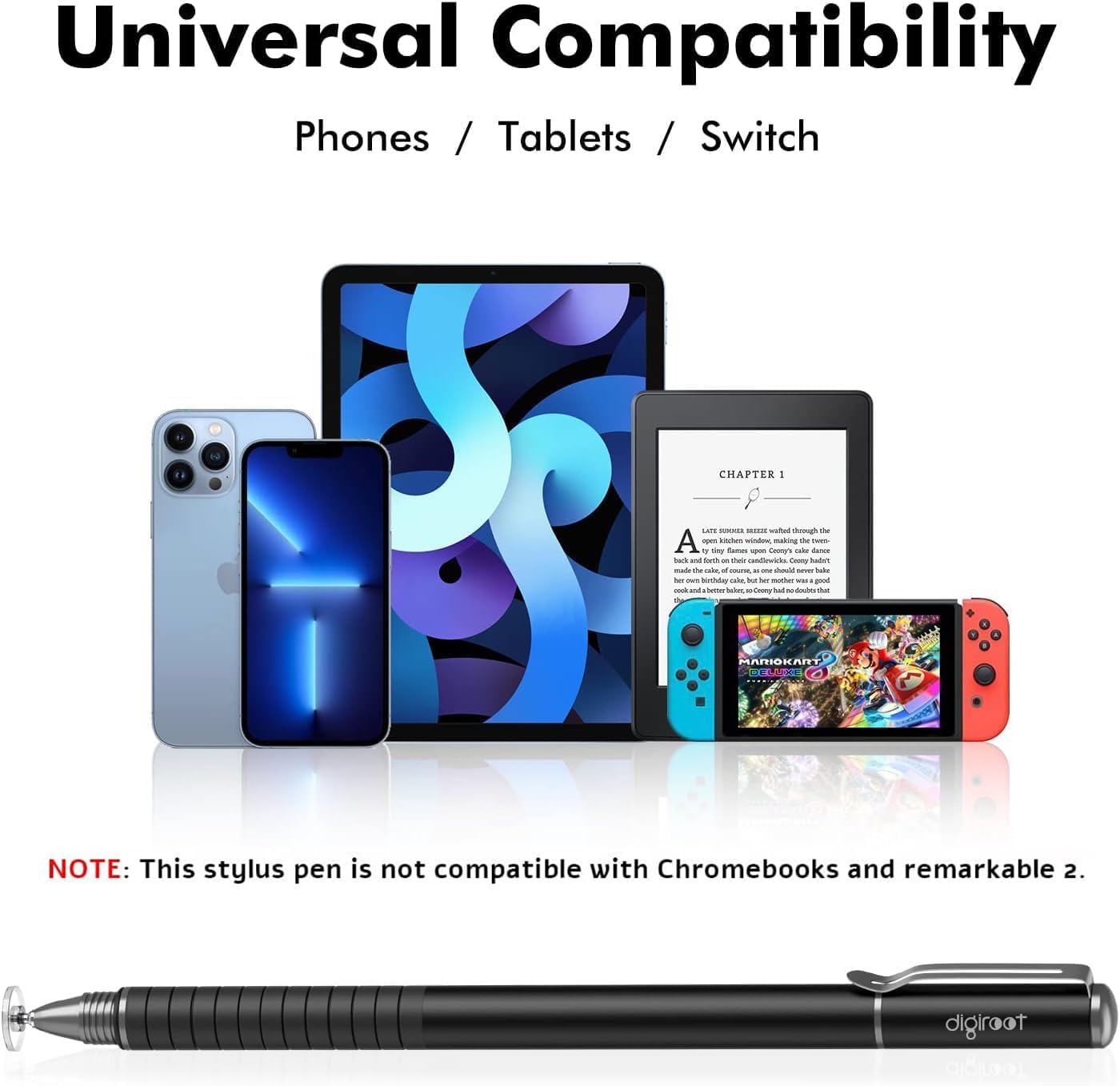 Digiroot Universal Stylus,[2-in-1] Disc Stylus Pens for All Touch Screens Cell Phones, iPad, Tablets, Laptops with 6 Replacement Tips(4 Discs, 2 Fiber