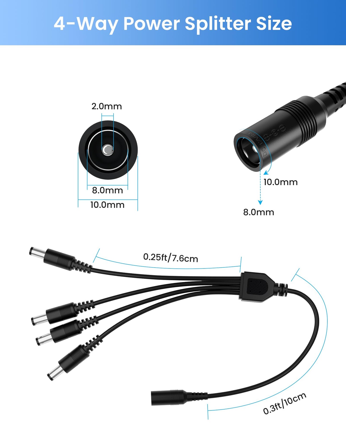 ZOSI 12V 2A 100V-240V US AC to DC Power Supply Adapter & 4-Way Power Splitter Cable for CCTV Home Security Camera Surveillance System