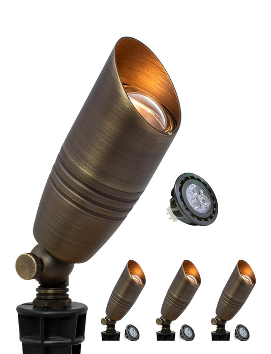 MALORY Brass Landscape Spotlights 4-Pack with Bulb Kit(S02), Low Voltage 12V AC/DC LED Outdoor Spot Uplights for House and Tree,PVC Ground Stake