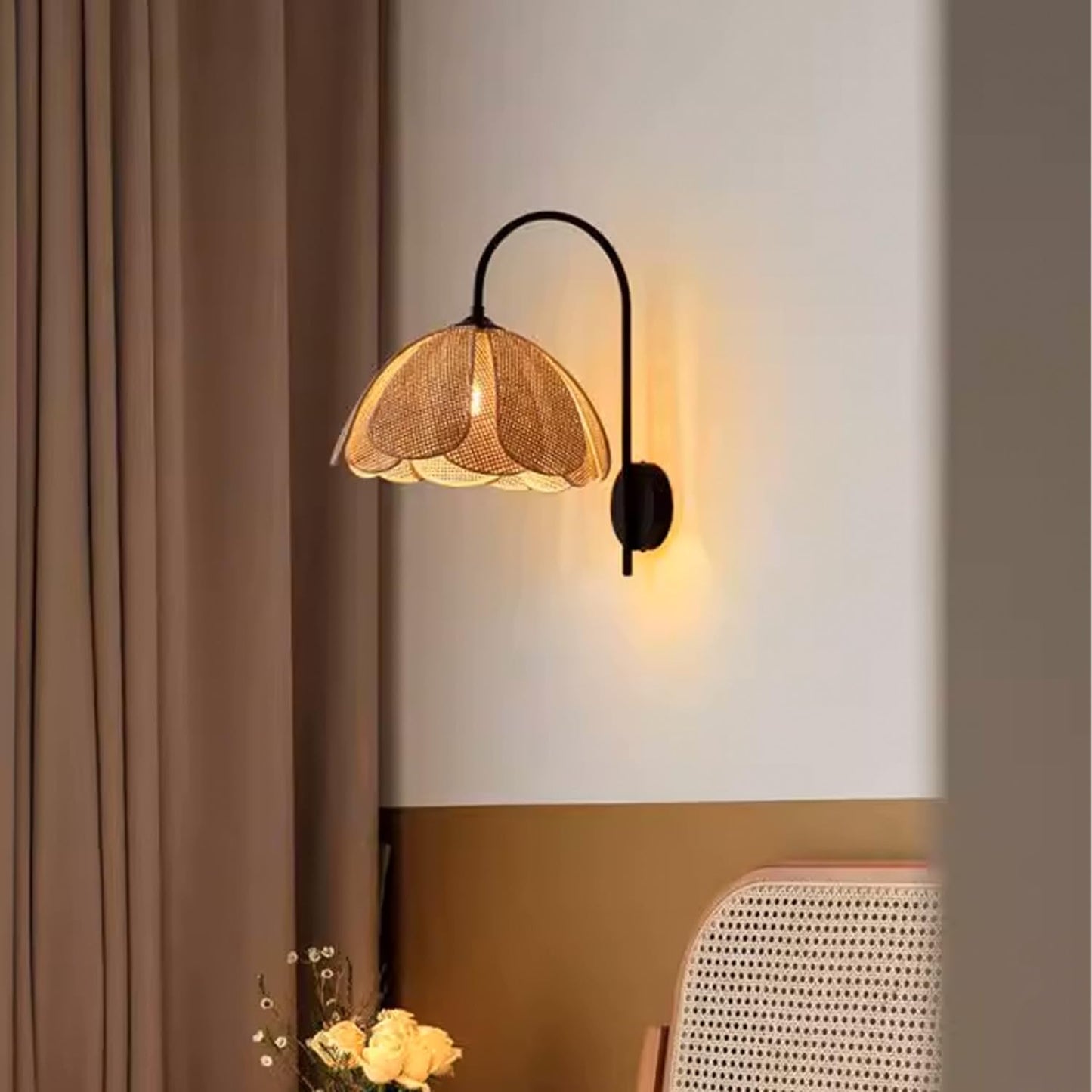 Bofea-Boho Rattan Wall Sconce Black Hard-Wired Wall Lamp,Handmade Creative Rattan Flower Petal Sconces,Farmhouse Living Room Indoor Lighting,Vintage