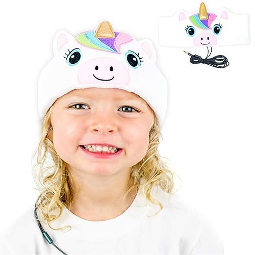 CozyPhones Over The Ear Headband Headphones - Kids Headphones Volume Limited with Thin Speakers & Super Soft Stretchy Headband - White Unicorn