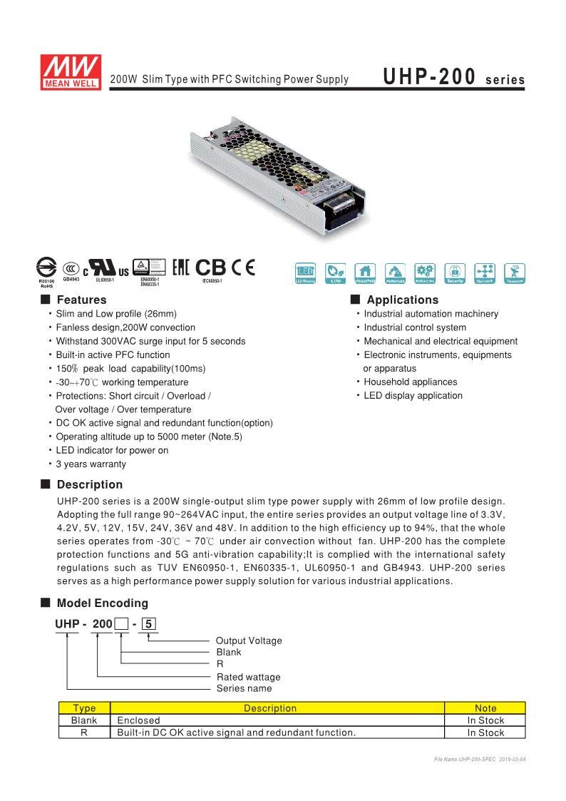 MEAN WELL UHP-200-12 12V 17A 200W Slim Type LED Power Supply