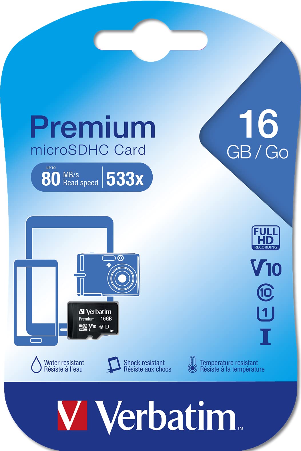 Verbatim 16GB MicroSDHC Premium Memory Card Black - SD Card for Full HD Video Capture - Water & Shock Resistant - SD Memory Card for Camera Smartphone