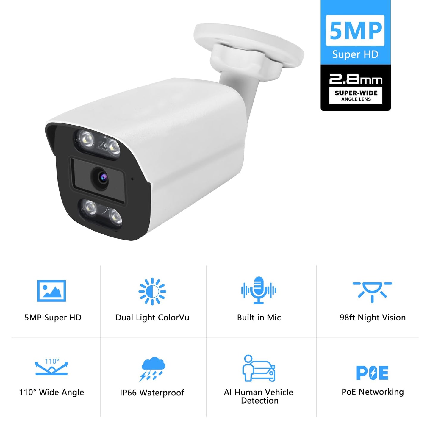 Voniviewse 5MP PoE IP Color Night Vision Camera, Smart Dual Light Bullet Security IP Camera, Built-in Mic, 98ft Night Vision, 110°Wide Angle, Human