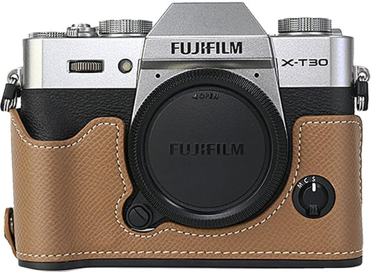 BMAOLLONGB X-T30 III/II Case, Handmade Carbon Fiber PU Leather Half Camera Case Bag Cover Bottom Opening Version for Fujifilm XT30 X-T30 III/II