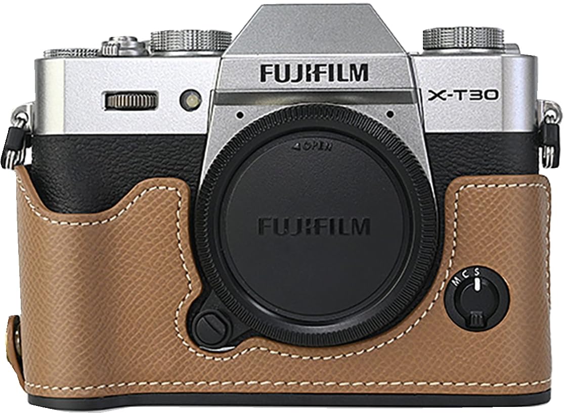 X-T30 Case, BMAOLLONGB Handmade PU Carbon Fibre Leather Half Camera Case Bag Cover Bottom Opening Version for Fujifilm X-T30 XT30 with Hand Strap