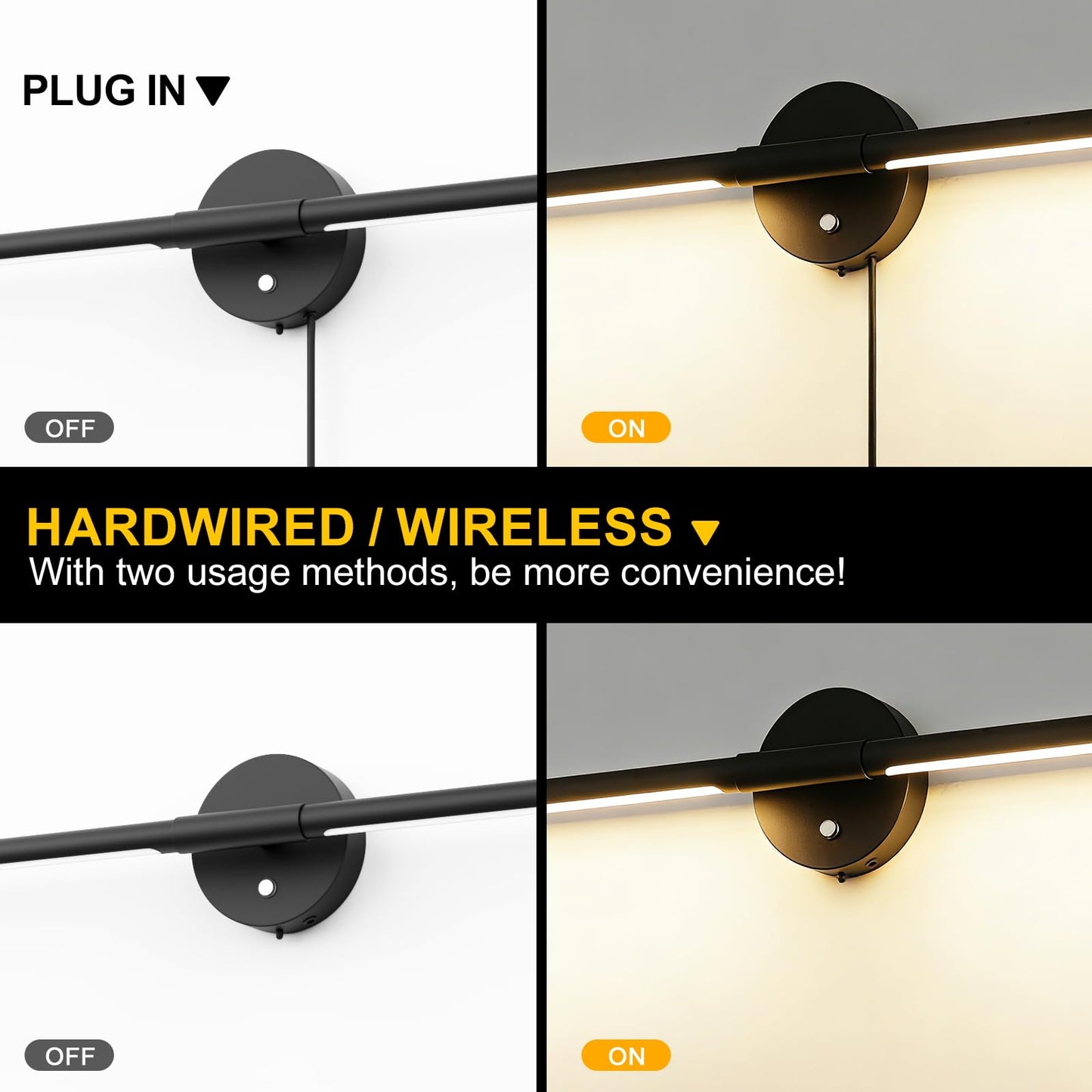 TEMYFIVE 31inch Plug in Bathroom Vanity Light, 6000K Black Wireless Vanity Lights with Remote Control, Black Bar Mirror Light for Bathroom Mirror