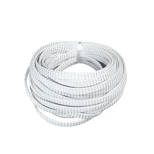 Bettomshin 1Pc 32.8Ft(10m) Cable Management Sleeve, 5/16"(8mm) Width PET Silver & White Cord Protector, Wire Loom Tube Insulated Split Sleeving