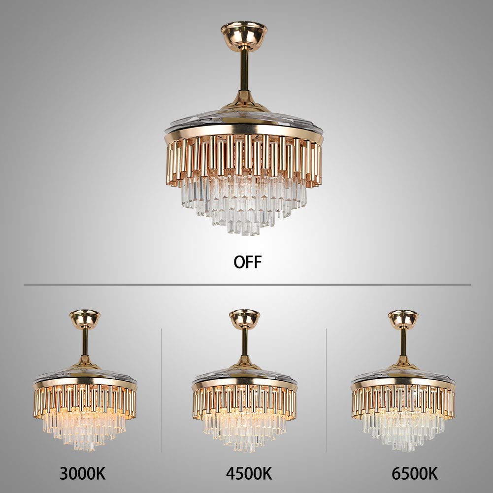 ONELLH Crystal Ceiling Fans Chandelier Indoor with LED Light 3 Colors Gold Fandelier with Retractable Blades 3 Speeds for Living Room Bedroom