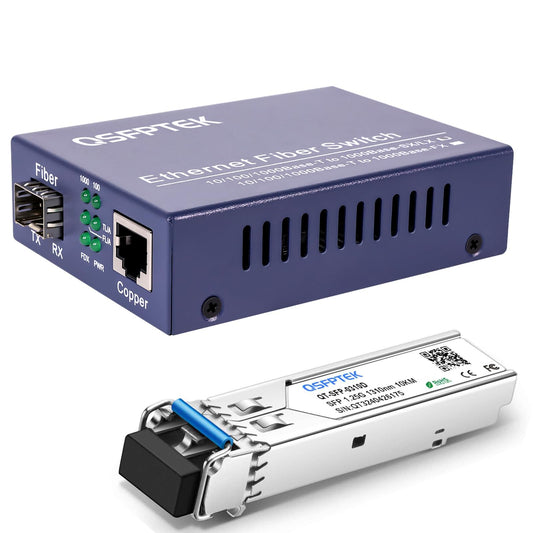 QSFPTEK Gigabit Media Converter, 1.25G Single Mode Dual LC Fiber, 1x 10/100/1000Base-T RJ45 to 1x 1000Base-LX SFP Slot to Ethernet, Versatile