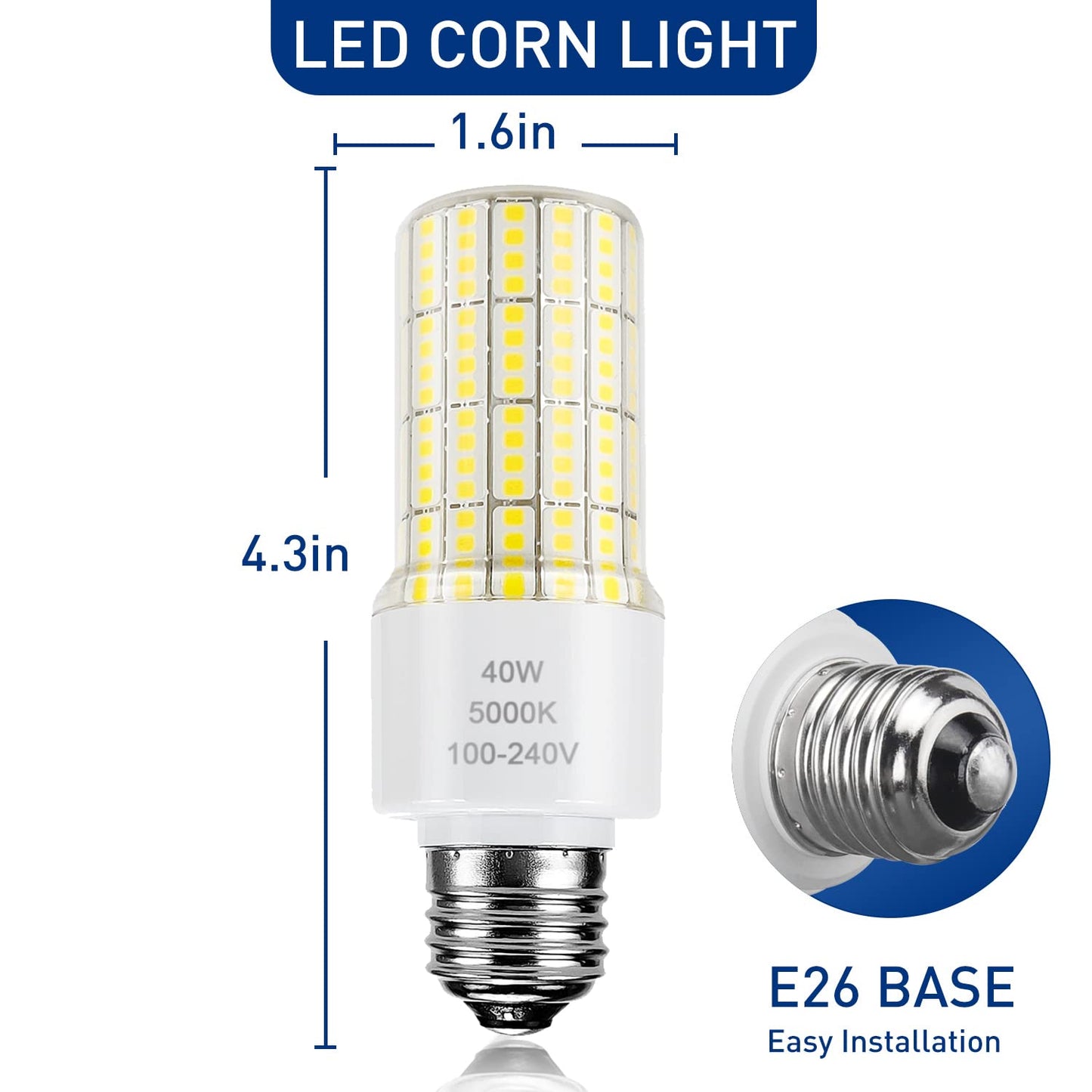 ZP 40W Led Light Bulb 300W Equivalent 5000 Lumen 5000K Daylight White A19 Bulbs, E26/E27 Base Corn Waterproof Lighting for Outdoor IndoorBackyard