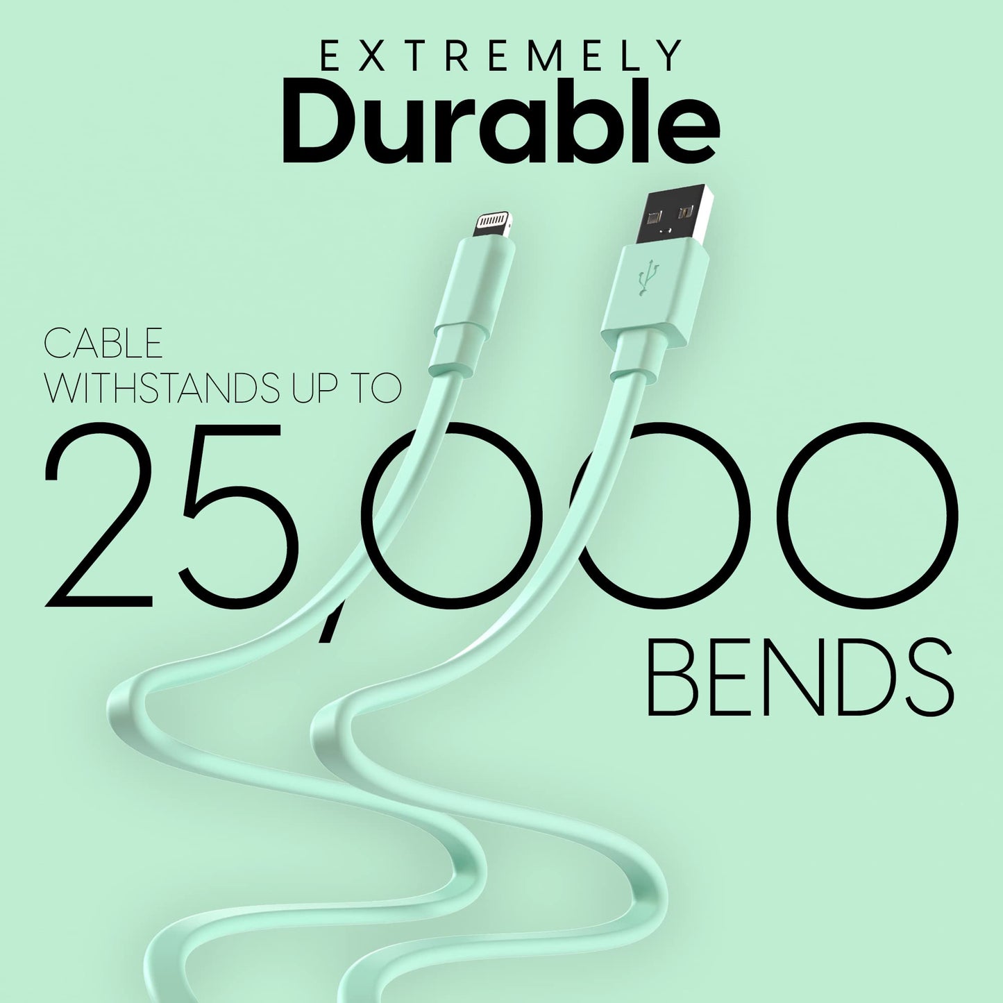 TalkWorks Flat Lightning Charging Cable - Compatible with iPhone 14/13/12/11/XR/XS/8/7/6/5 - 7' Mint Green Charger Cord