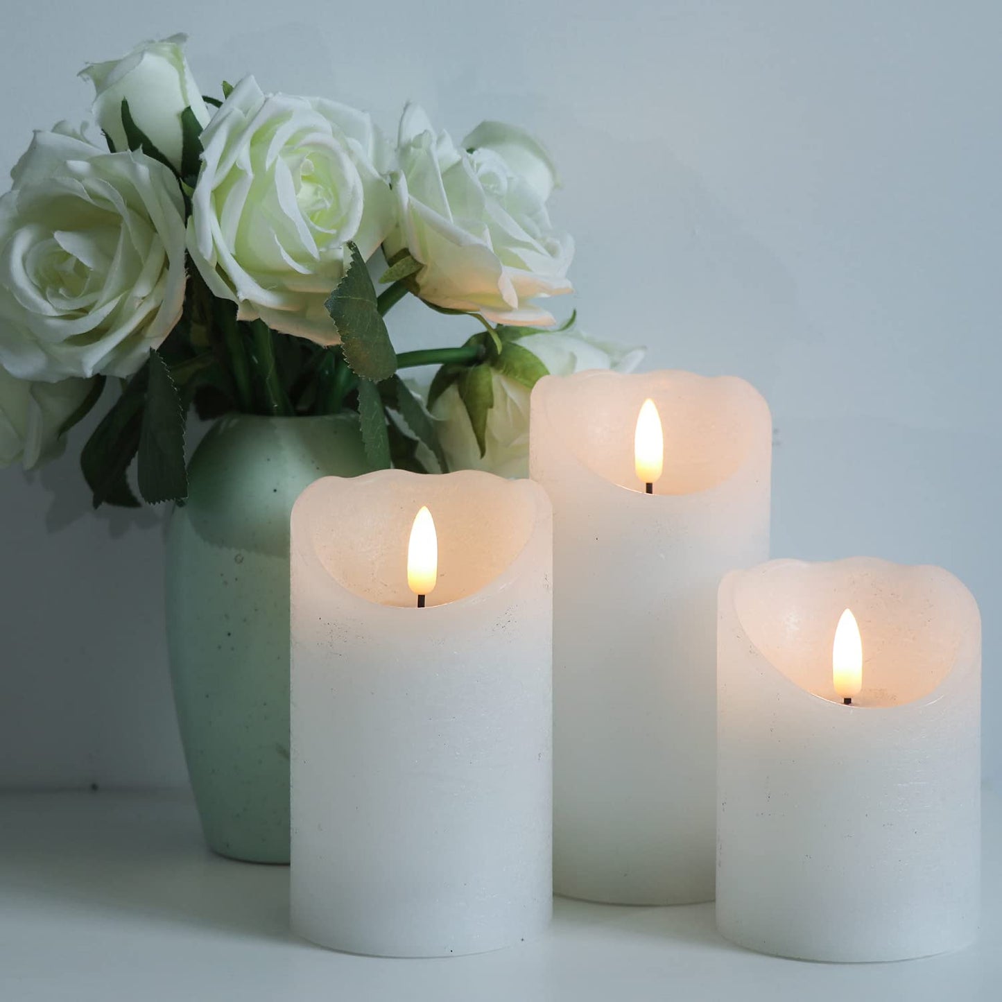 Eldnacele Battery Operated Flameless Candles with Remote and Timer, Set of 3 White Real Wax LED Pillar Candles 3D Wick Flickering Dimmable Light