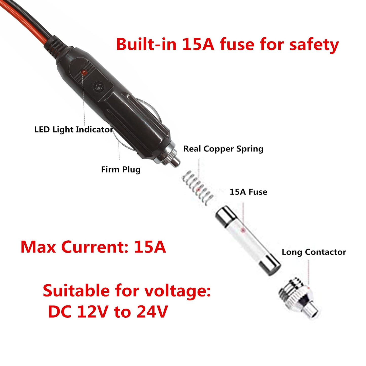 AEISVIK DC Car Charger Cable - 5.5mm x 2.1mm Connector to Cigarette Lighter Male Plug With Extra 2 Connectors 12-24V 15A Auto Power Supply Cord