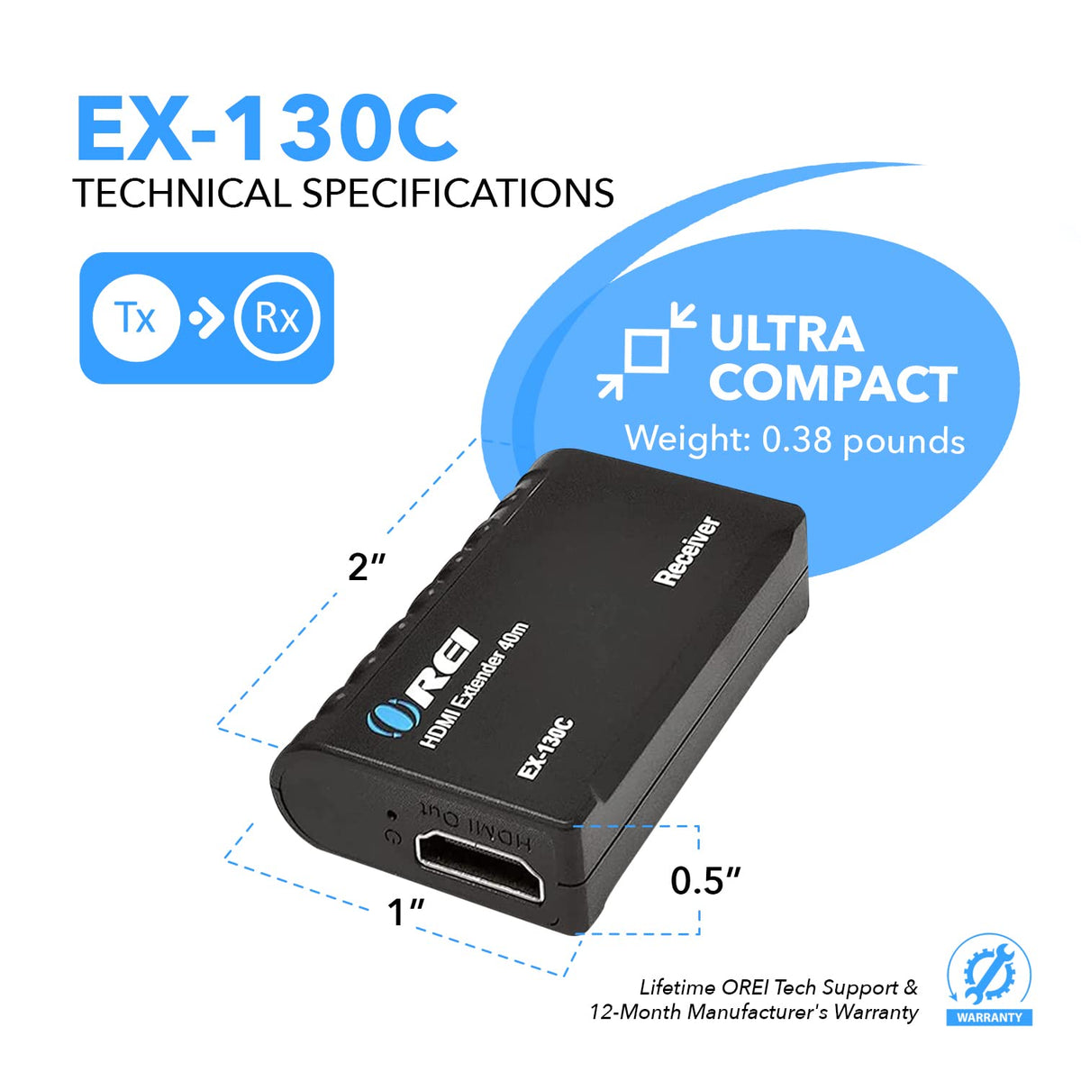 OREI HDMI Balun Extender 130ft - 1080p@60Hz PoC, Audio 7.1CH, HDCP 1.4