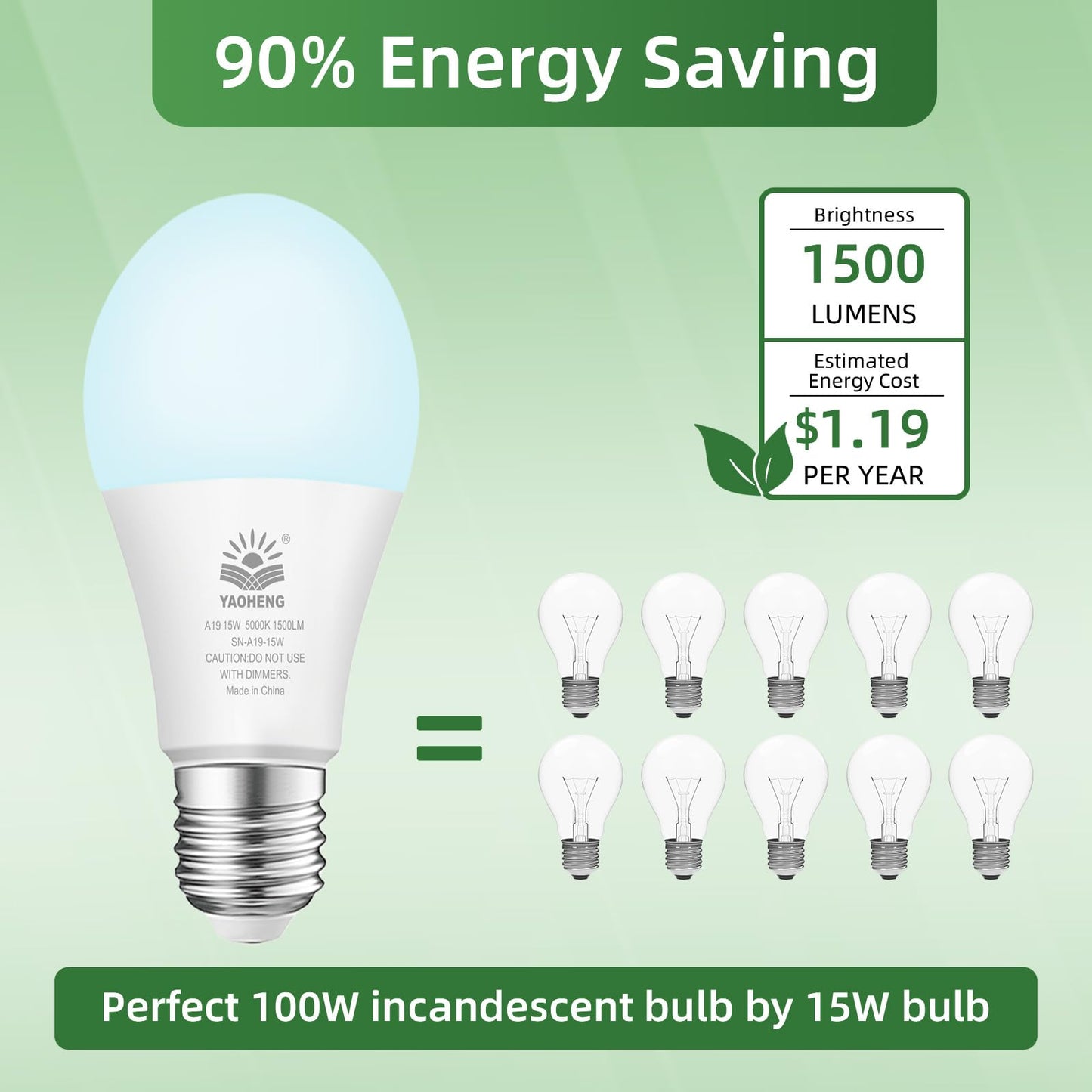 YAOHENG A19 LED Light Bulb, 100 Watt Equivalent LED Bulbs, 5000K Daylight White, 1500 Lumens, Standard E26 Base, Non-Dimmable 15W Super Bright Light